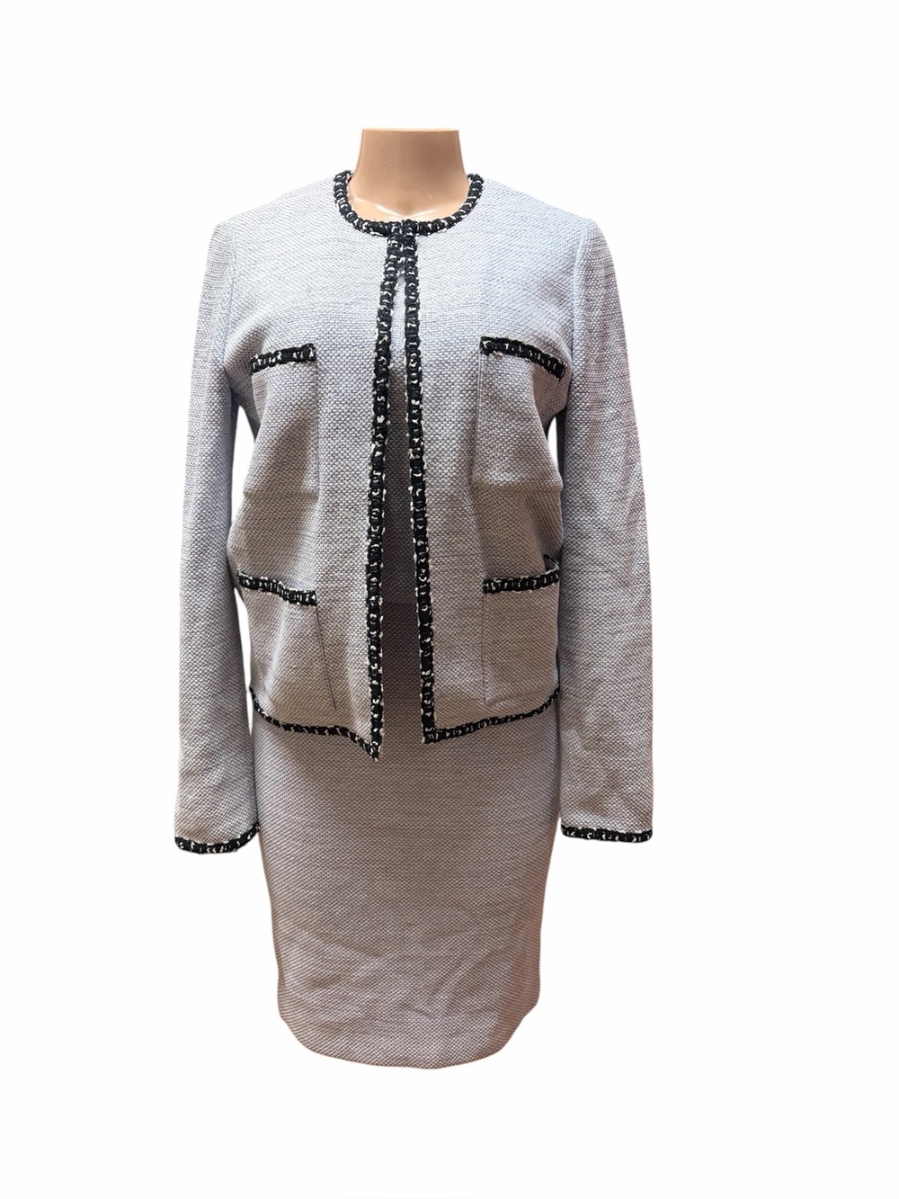 St. John Ivory Tweed Pencil Skirt Set with Beaded Neckline